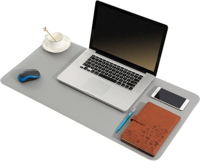 Luxe Dubbelzijdige Leren Laptop Kussen en Bureau Pad - Ultra Dun, Waterdicht en Ruim voor Thuis en Kantoor (Grijs & Lichtgrijs, 90x43cm)