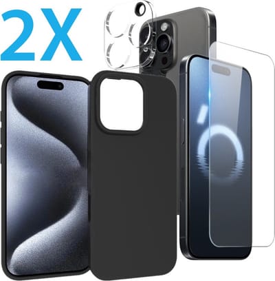 Back cover Silicone hoesje zwart met Screenprotector Glas 2x en Camera lens protector 2x Geschikt voor: iPhone 16 Pro