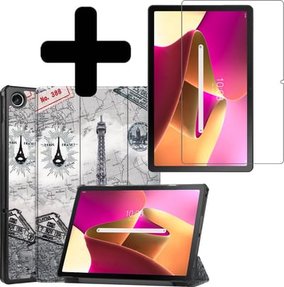 Hoes - Geschikt voor Lenovo Tab M10 Plus (3e / 3rd Generatie) - Met Screenprotector - Trifold Bookcase - Hard Cover - Hardcover Book Case - Tablet Hoesje - Eiffeltoren
