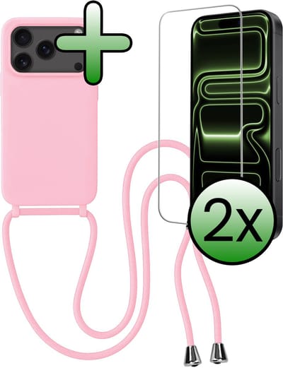 Hoes Geschikt voor iPhone 17 Pro / 18 Pro Hoesje Met Koord Met 2x Screenprotector - Telefoonhoesje Geschikt voor iPhone 17 Pro / 18 Pro Backcover Met Afneembaar Koord - Lichtroze