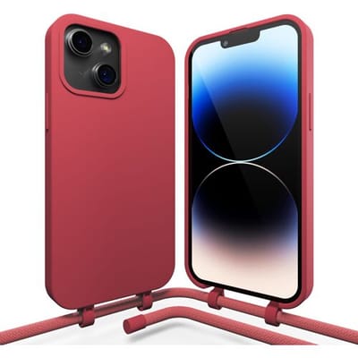 Coverzs Silicone case met koord - Telefoonhoesje met koord - Backcover hoesje met koord - touwtje - geschikt voor Apple iPhone 14 Plus - rood