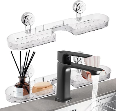 Kraanrek - Keukenkraanorganizer - Keukenzuignaprek - Design zuignapgootsteenrek - Geen stootbak met geperforeerde wandopberglade voor keuken, badkamer - Eén stuk (transparant)