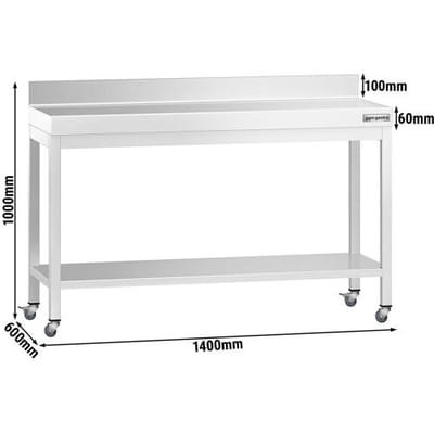 GGM Gastro Edelstahl Arbeitstisch PREMIUM - 1400x600mm - mit Grundboden, Aufkantung & Rollen
