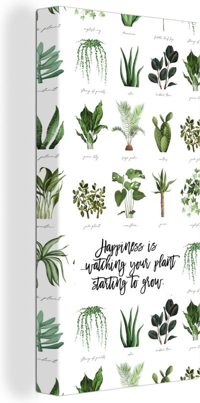 Canvas Schilderij Quotes - Happiness is... watching your plant starting to grow - Spreuken - Kamerplanten - 20x40 cm - Wanddecoratie
