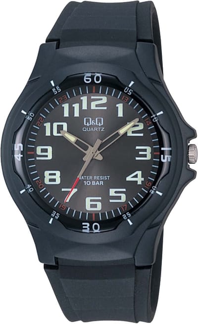Q&Q VP58J002Y - Horloge - Sport - Analoog - Unisex - Plastic band - Rond - Cijfers - Kunststof - Zwart - Wit - 10 ATM
