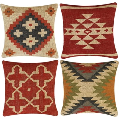 Boho Handgemaakte Kussensloop Jute Wol Kussen Vintage Indiase Tribale Sierkussen Voor Bank Bed Stoel Woonkamer Decoratie Set Van 4 Linen 35*35(CM)-4Pcs