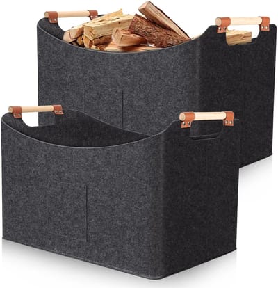 Manden - 67 l en 96 l extra grote brandhout opbergzakken met stevige houten handgrepen - 5 mm dikke zware opvouwbare houtdragers voor open haard, wasgoed, speelgoed, dekens