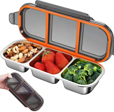 Broodtrommel van roestvrij staal, voor kinderen, met 3 vakken, 26,2 x 10,3 x 4 cm, snackbox, bento box, roestvrij staal, broodtrommel van metaal met deksel, lekvrij, voor school, kantoor