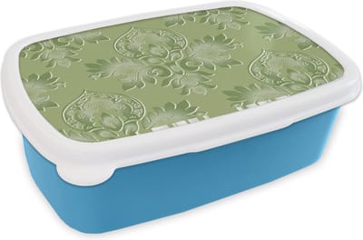 Broodtrommel Blauw - Lunchbox - Brooddoos - Psychedelisch - Bladeren - Groen - Vintage - Design - 18x12x6 cm - Kinderen - Jongen