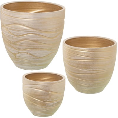 Bloempotten van keramiek, versierd met golven in goud en wit, 30 x 30 x 30 cm