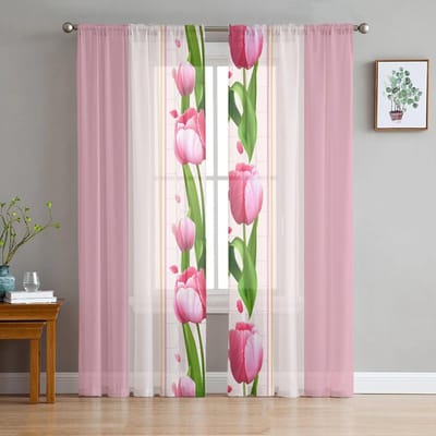 2 Panelen Aangepast Bloemen Voile Gordijn Tulp Roze Paars Bloemenprint Gordijn voor Slaapkamer Woonkamer Raamgordijn Transparante Draperie 2x50Wx50H(CM)&Grommet Top white
