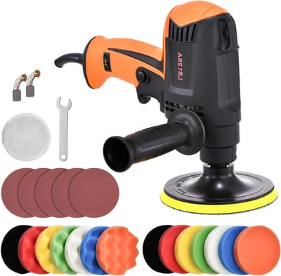 Aurixi® Polijstmachine - Poetsmachine Auto Met 6 Snelheden - 6 Polijstschijven – zwart/oranje. - 21cm x 21cm x 21cm
