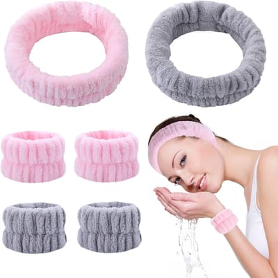 Set van 6 Elastische Haarbanden en Polsbanden voor Gezichtsreiniging en Make-up voor Dames - Ideaal voor Spa, Yoga en Douche (Roze, Grijs)