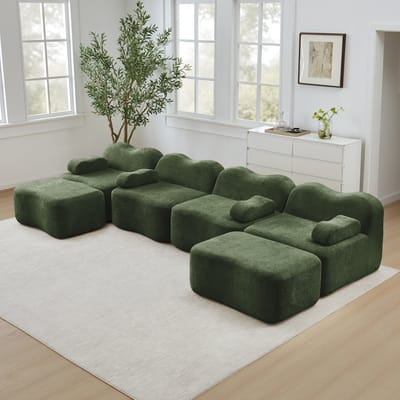 Wishdor Modulaire Hoekbank - Golvende Vorm En Diepe Zitting - Voor Woonkamer - Zacht Fluweel - Groen - U-Vorm Met 2 Hockers Voor 4 Personen