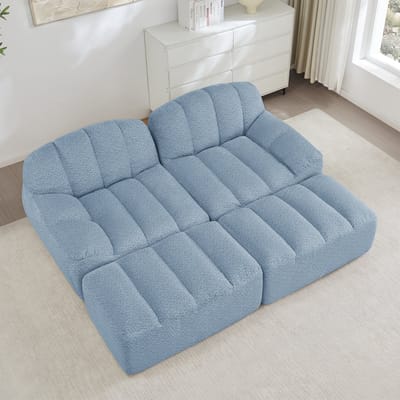 Modulaire Bank 2-Zits Met 2 Poefs - FrameLoze Bank - Teddy Stof - 32D Schuim - Diepe Zit - Blauw - Antislip - Modulair Ontwerp