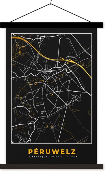 Posterhanger incl. Poster 40x60 cm - Schoolplaat - Plattegrond - Péruwelz - Stadskaart - Kaart - Textielposter - Zwarte latten - Stadskaart