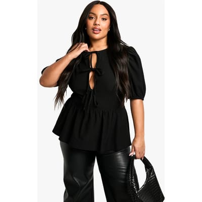 boohoo Dames Plus Crinkle Tie Front Puff Sleeve Smock Top | Zwart | Maat: 44