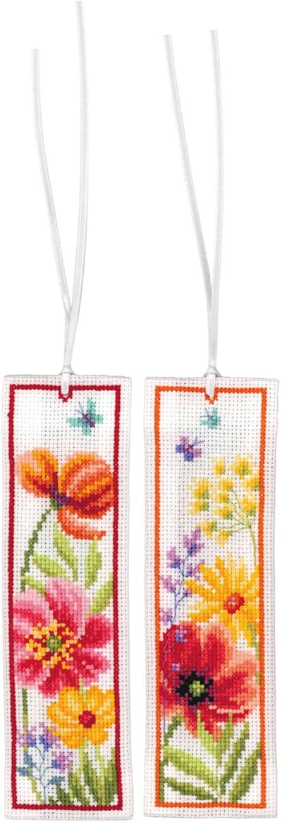 Vervaco - Bladwijzer kit Klaprozen en wilde bloemen set van 2 - PN-0230484 - Borduren - Borduurpakket - Borduurpakket volwassenen - Borduurpakket kind