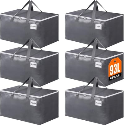Grote verhuisdoos met rits en handgrepen - 93L - Stevige opbergdoos met deksel - Platvouwbaar - 6 stuks