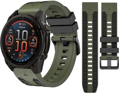 Stravo Premium Duo-kleur Siliconen Horlogebandje – Quickfit 22mm – geschikt voor Garmin Fenix 8 (Pro-E-47mm) - Fenix 7 & 6 (Solar-Pro) - Fenix 5 (Plus) / Forerunner 970-965-955-945 / Epix Gen 2 -Pro 47mm/Quatix 7- 8 / Fenix 8(Pro/E) – Groen / zwart