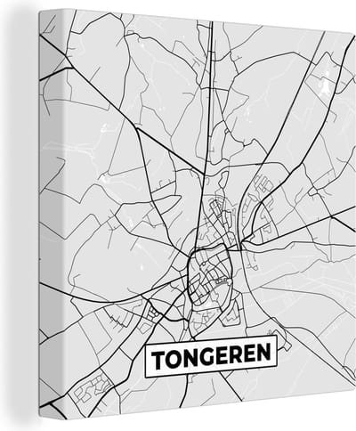 Canvas Schilderij Zwart Wit – België – Plattegrond – Stadskaart – Kaart – Tongeren - 20x20 cm - Wanddecoratie