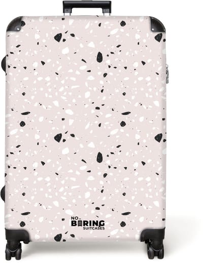 NoBoringSuitcases.com® - Koffer groot - Reiskoffer lichtgewicht - Terrazzo patroon beige met zwart en wit - Rolkoffer met 4 wielen - Grote trolley XL - 98 liter bagage