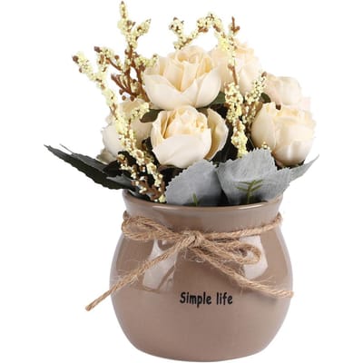 Keramische Vaas Kunstzijde Roos Bloem Potplant Huis Desktop Decoratie Ornament Wit
