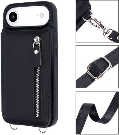 Casemania Hoesje Geschikt voor Apple iPhone 17 Air - Zwart - Luxe Back Cover met Koord en Rits - Wallet Case met Pasjeshouder - Lanyard Telefoonhoes - Cord Case
