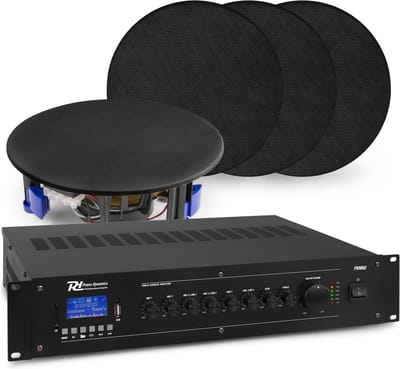 Geluidsinstallatie met Bluetooth, 4x zwarte inbouw speaker en 100v versterker van Power Dynamics