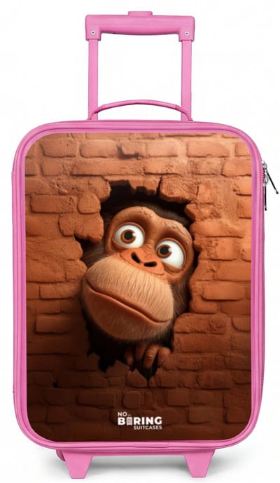 NoBoringSuitcases.com® - Kinderkoffer roze - Kindertrolley meisje - Aap met grote ogen kijkt door gat in bakstenen muur - Koffer kind lichtgewicht - Reiskoffer trolley voor kinderen - Koffertje met lichtgevende wieltjes - Rolkoffer
