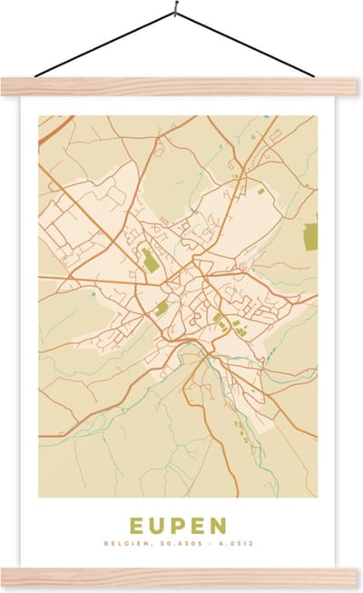 Posterhanger incl. Poster 40x60 cm - Schoolplaat - Stadskaart - Plattegrond - Kaart - België - Eupen - Textielposter - Blanke latten - Stadskaart