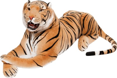 BRUBAKER Brullende Tijger - XXL Knuffel met Tanden 130 cm - Liggende Levensechte Knuffel - Koning van de Jungle - Bruin