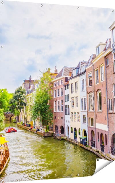 Gards Tuinposter Huizen aan de Oudegracht in Utrecht - 120x160 cm - Tuindoek - Tuindecoratie - Wanddecoratie buiten - Tuinschilderij