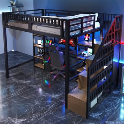 Hoogslaper 140 x 200 cm met opberglades - ladder - bureau - LED-verlichting - met USB-aansluiting - zonder matras - zwart