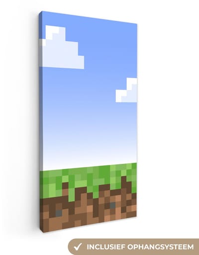 Canvas schilderij 20x40 cm - Wanddecoratie Gaming - Pixel - Gamen - Gras - Muurdecoratie game room - Gaming kamer decoratie - Gameroom accessoires - Schilderijen