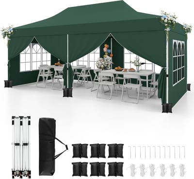 COSTWAY 3 x 6 m paviljoen, vouwpaviljoen met 6 afneembare zijwanden en zandzakken, waterafstotend, stabiel, winterbestendig, uv-bescherming 50+, partytent, tuinpaviljoen met draagtas, groen