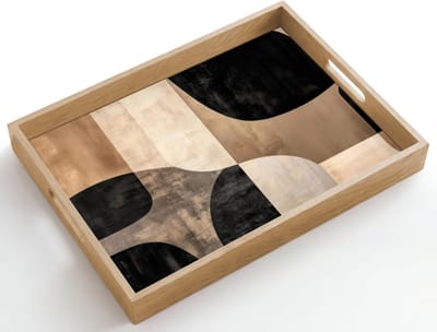 Dienblad hout 50x35 cm - Schootdienblad - Abstract - Vlakken - Zwart - Rond - Borrelplank rechthoek - Plateau dienbladen