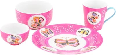Rocaflor cadeauset servies roze bord met kom, kommetje en mok type Vlinder