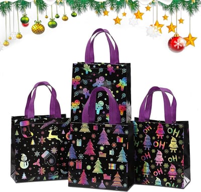 4 Stuks Herbruikbare Zwarte Kersttassen met Handvat, 23 x 22 x 11 cm, Ideaal voor Cadeaus, Feestdecoratie en Kerstinkopen