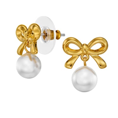 Traveller Oorbellen - Oorstekers Dames - 22kt Verguld - Parel - Ø 6 mm - Wit - Strikje - 17 x 14 mm - 114339