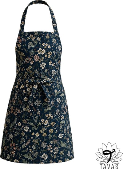Culinary Keukenschort - Donkerblauwe Bloemen - 60x80 cm - Kookschort met Zakken en 86 cm Tailleband - Horeca - Keukenschort Dames - Keukenschort Heren