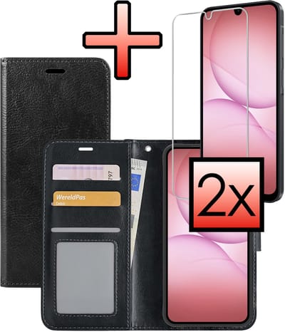 Hoesje - Met 2x Screenprotector - Geschikt voor Samsung Galaxy A17 - Luxe Pasjeshouder - Bookcase Portemonee - Flip Case - Kunstleer Book Case - Flipcase Hoes - Book Cover - Walletcase - Portemonneehoes - Zwart