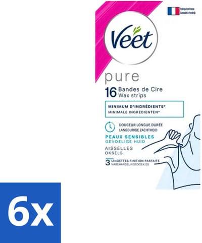6 x Veet - Ontharingsstrips - Oksels - Hypoallergene Minima - 16 Strips - Ontharingsstrips - Oksels - Gladheid - Zachtheid - Gevoelige Huid