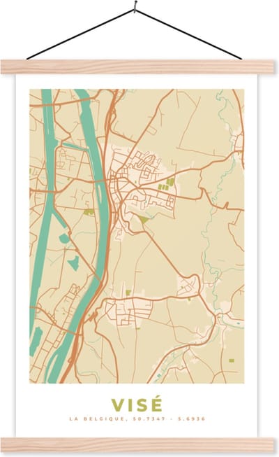 Posterhanger incl. Poster 40x60 cm - Schoolplaat - Plattegrond - België - Kaart - Vintage - Visé - Stadskaart - Textielposter - Blanke latten - Stadskaart