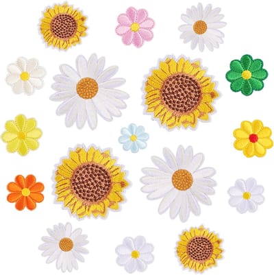 Kleurrijke Zonnebloem Strijkapplicaties - 17 Stuks Geborduurde Patches voor Kleding, Jeans, Tassen en Jassen