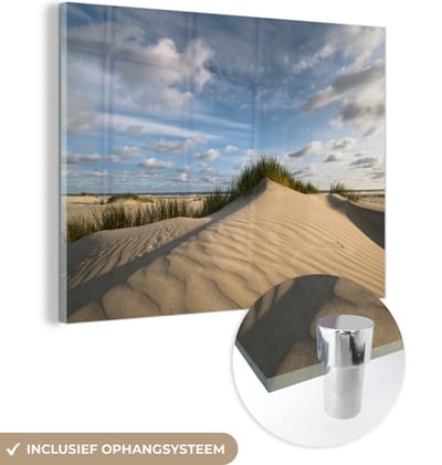 MuchoWow® Glasschilderij 160x120 cm - Schilderij acrylglas - Strand - Zand - Nederland - Foto op glas - Muurdecoratie woonkamer - Wanddecoratie slaapkamer - Schilderijen