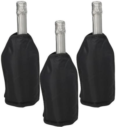 Gerimport Wijnfles koeler/koelelement hoes - 3x - zwart - 22 cm - Flessenkoeler - Wijnkoeler