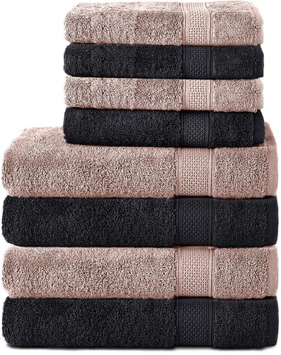 Komfortec Handdoekenset – Set van 8 - 4x Handdoek 50x100 cm en 4x Badhanddoek 70x140 cm - 100% Katoen - Zwart&Roze