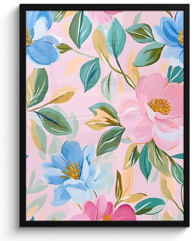 Poster in lijst - Fotolijst 50x70 cm - Posters - Blauw - Roze - Bloemen - Posterlijst zwart - Decoratie - Wanddecoratie woonkamer - Muurdecoratie slaapkamer