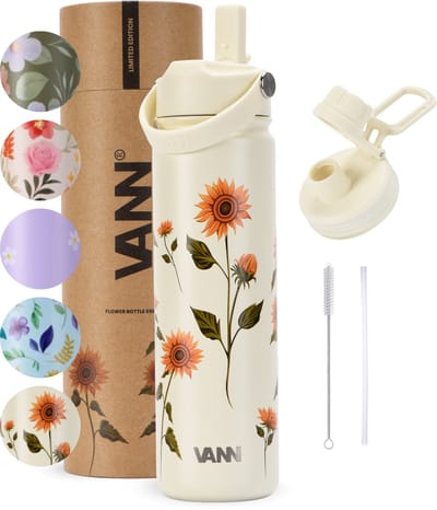 VANN® 3-Wandige RVS Drinkfles 650 ML met rietje voor volwassenen – Met 2 doppen – Thermosfles – 12 uur warm/24 uur koud – Bloemen fles – Cadeau voor man en vrouw – VANN FLOWER BOTTLE